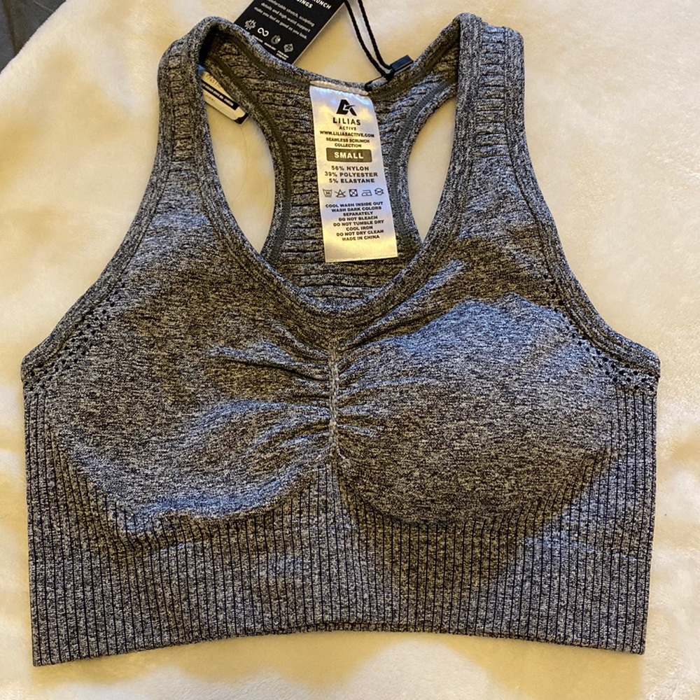 Lilias active seamless scrunch sports bra, color grey, size Small